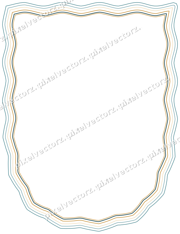 Decorative line art frame in amber and dark teal with shield