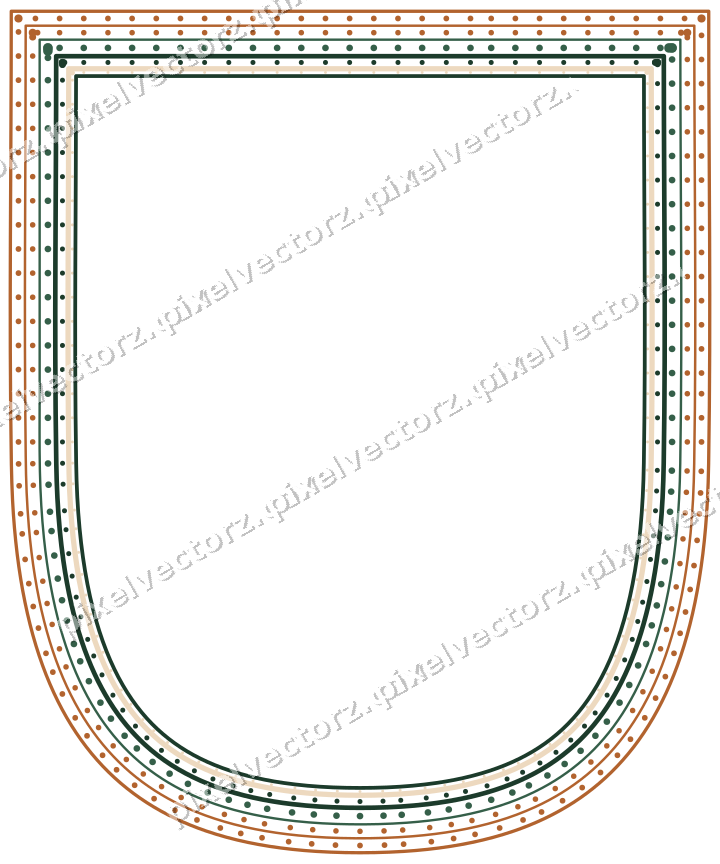 Decorative line art frame in dark green and orange with shield