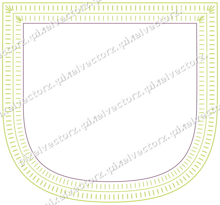 Decorative line art frame in dark magenta and lime with shield