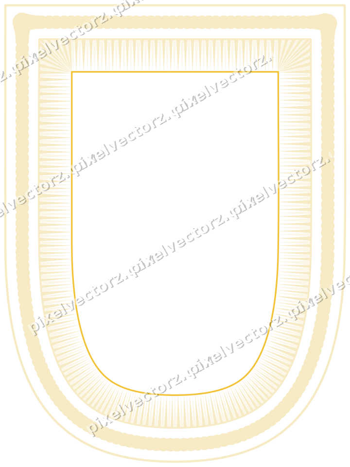 Decorative line art frame in dark blue and amber with shield