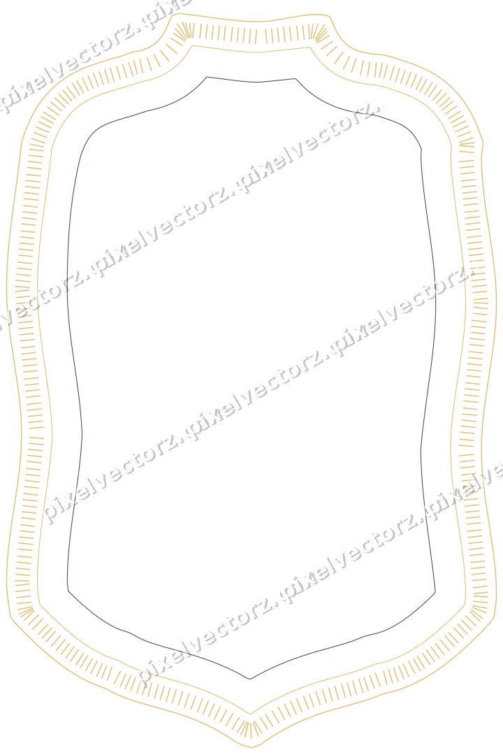 Decorative line art frame in dark blue and amber with label plaque