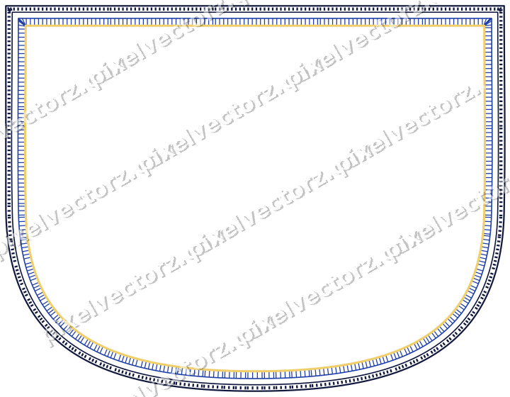 Decorative line art frame in amber and blue with shield