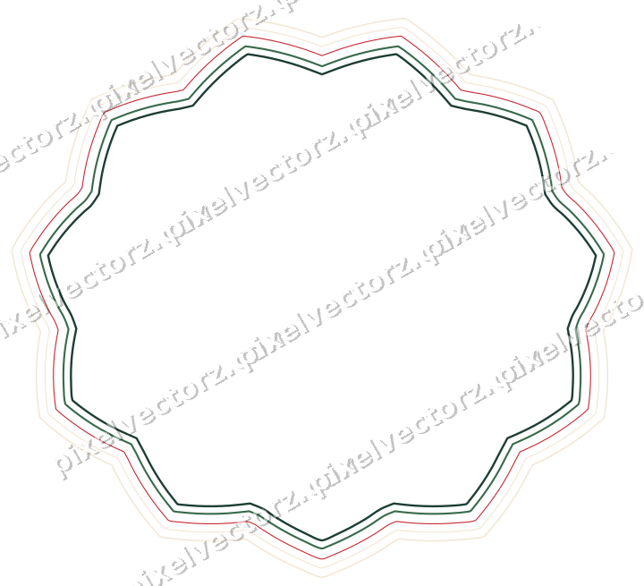 Decorative line art frame in dark green and red with oval