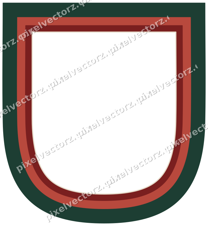 Decorative line art frame in dark red and dark green with shield