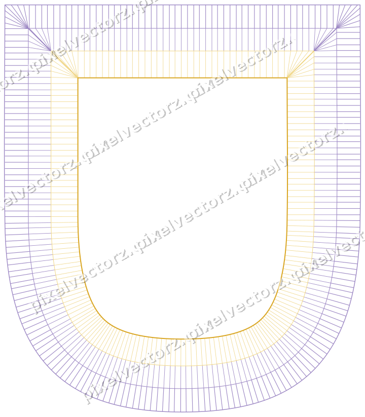 Decorative line art frame in amber and purple with shield and hatching