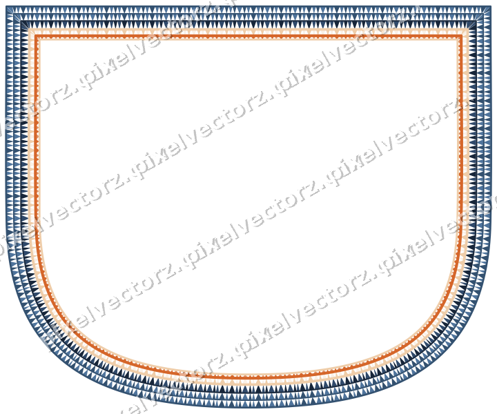 Decorative line art frame in dark blue and orange with shield