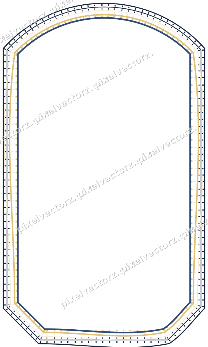 Decorative line art frame in dark blue and amber with label plaque
