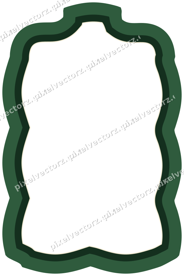 Decorative line art frame in dark green and amber with label plaque
