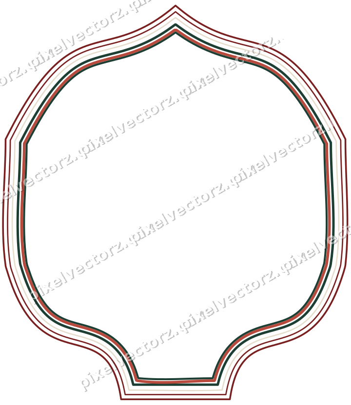 Decorative line art frame in dark red and dark green with label plaque