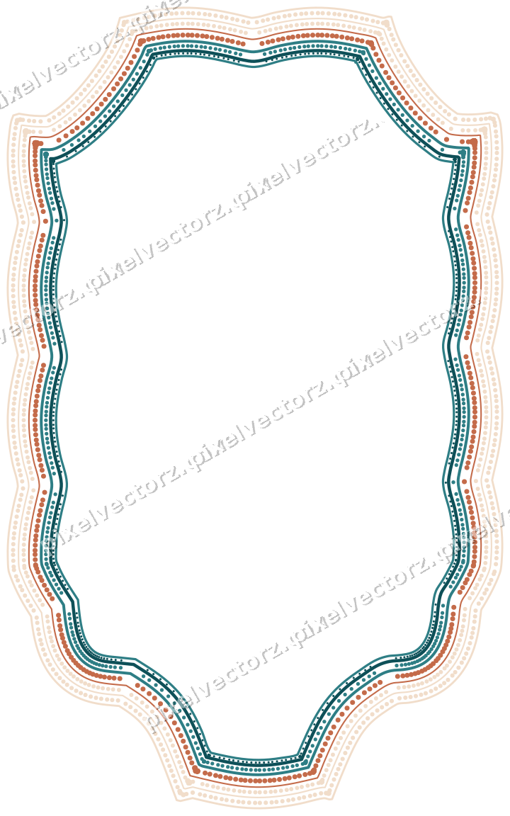 Decorative line art frame in dark teal and orange with label plaque
