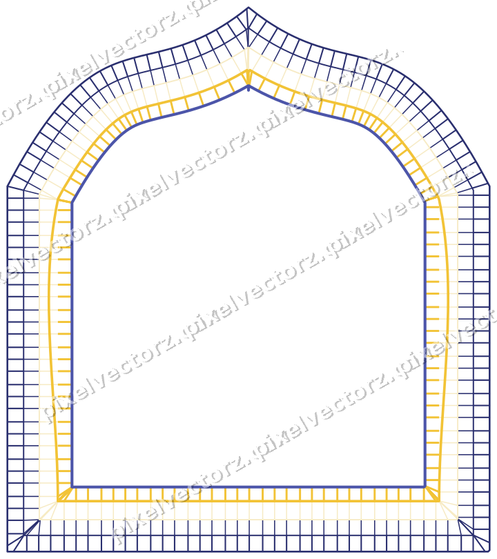 Decorative line art frame in dark blue and amber with label plaque