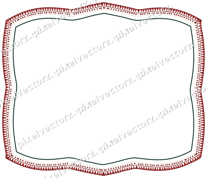 Decorative line art frame in dark red and dark green with label plaque