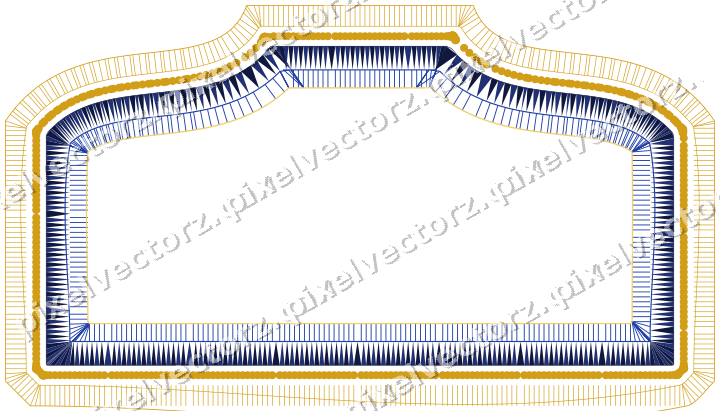 Decorative line art frame in amber and blue with label plaque