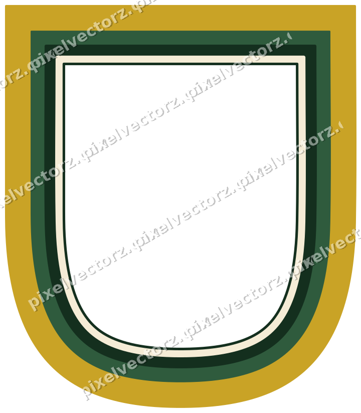 Decorative line art frame in dark green and amber with shield