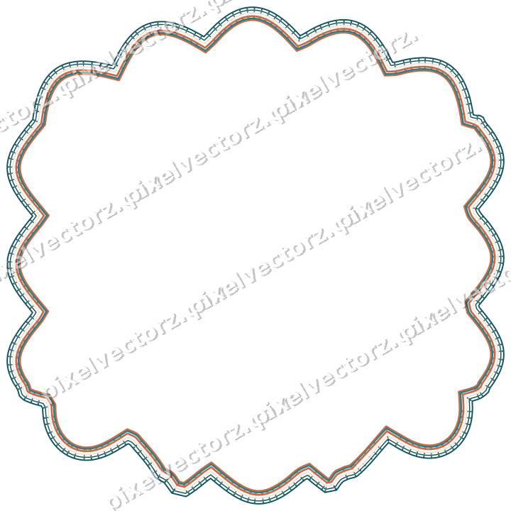 Decorative line art frame in dark teal and orange with label plaque