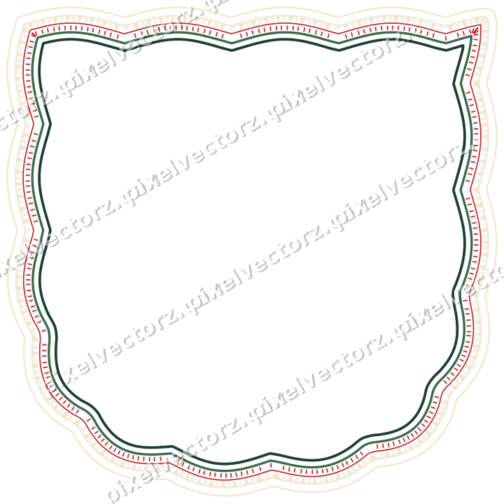 Decorative line art frame in dark green and red with shield
