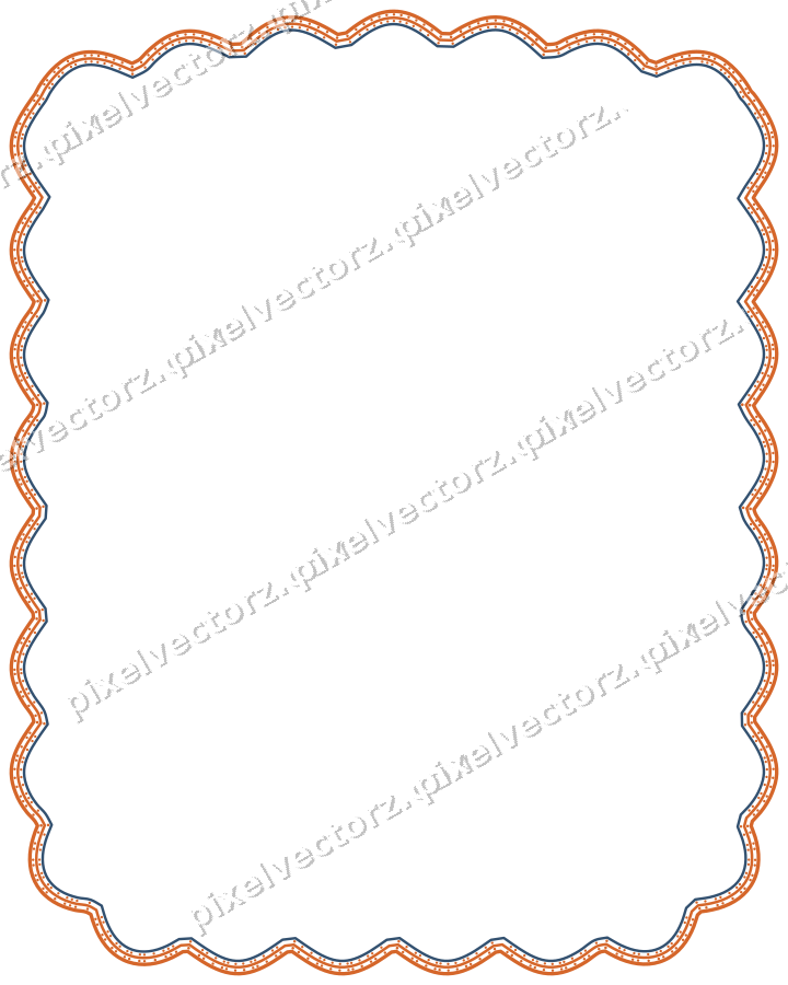 Decorative line art frame in dark blue and orange with label plaque