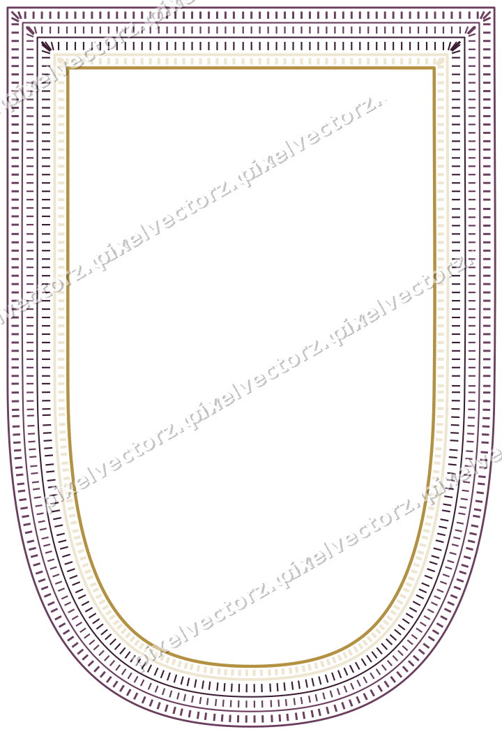 Decorative line art frame in dark magenta and amber with shield