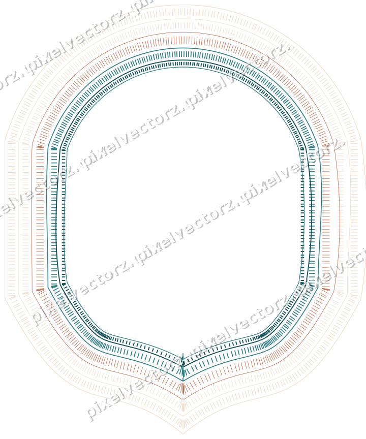 Decorative line art frame in dark teal and orange with label plaque