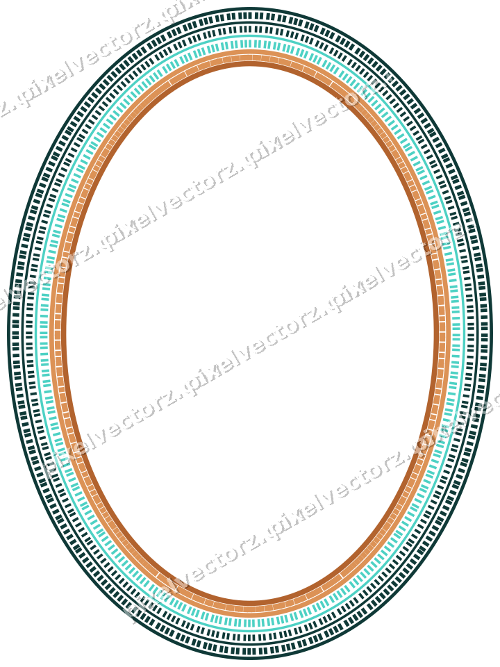 Decorative line art frame in orange and teal with oval and dashed line