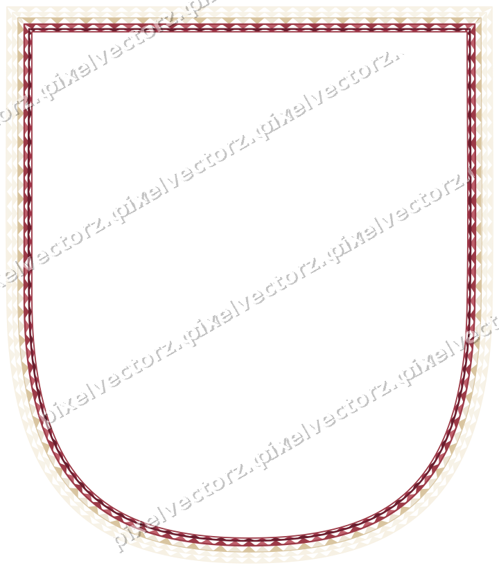 Decorative line art frame in dark pink and red with shield and dentil