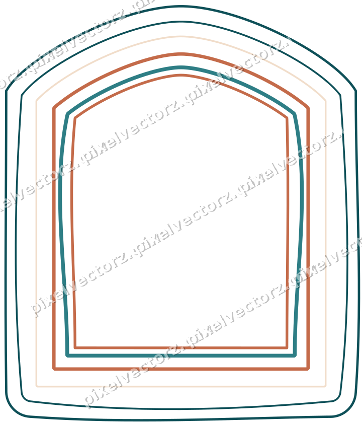 Decorative line art frame in dark teal and orange with label plaque