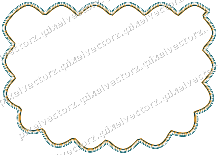 Decorative line art frame in amber and dark teal with shield