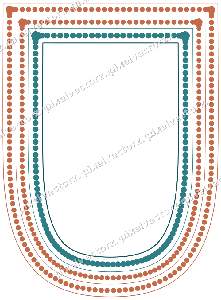 Decorative line art frame in dark teal and orange with shield