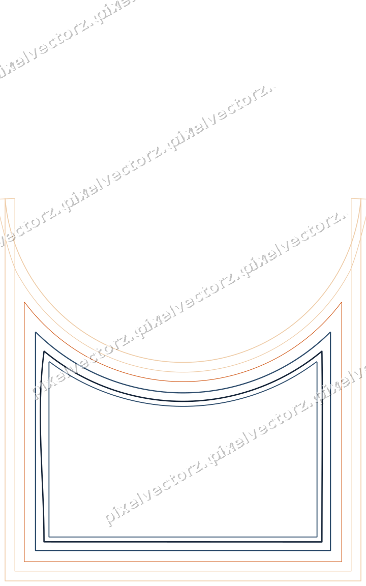 Decorative line art frame in dark blue and orange with label plaque