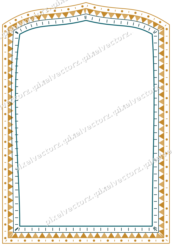 Decorative line art frame in amber and dark teal with label plaque