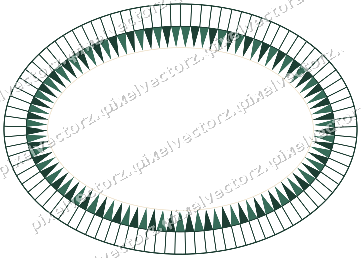 Decorative line art frame in dark green and red with oval and hatching