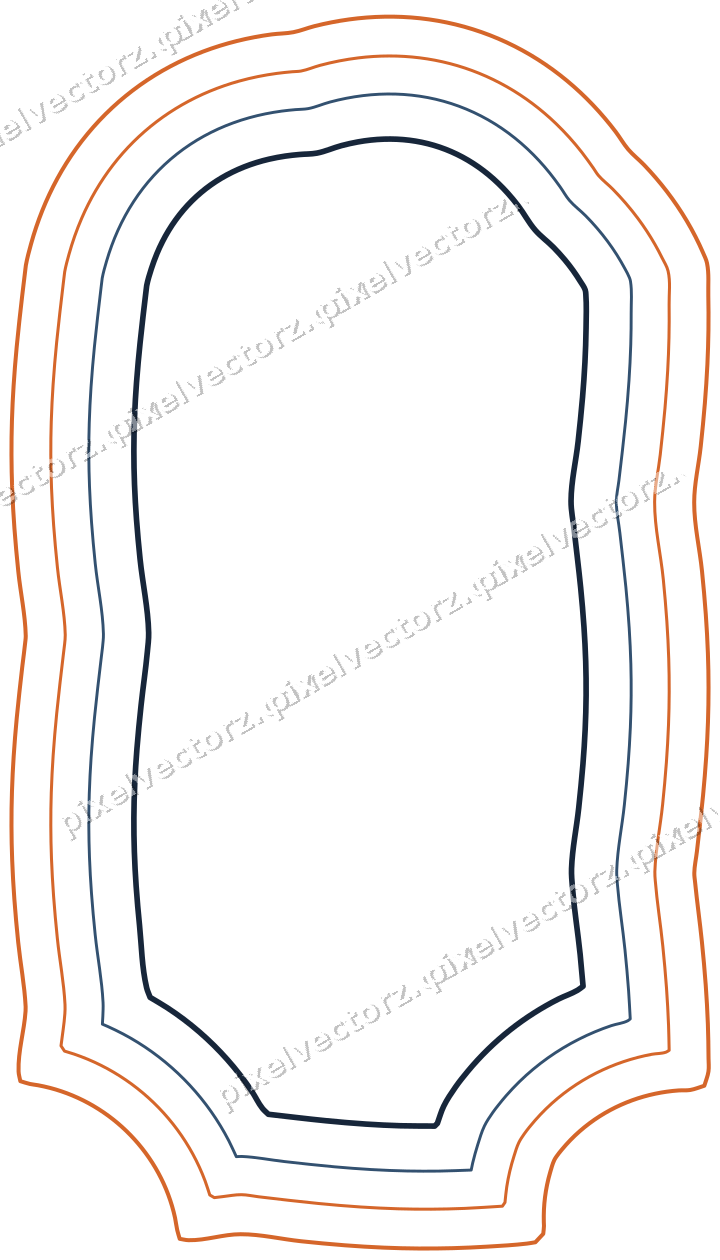 Decorative line art frame in dark blue and orange with label plaque