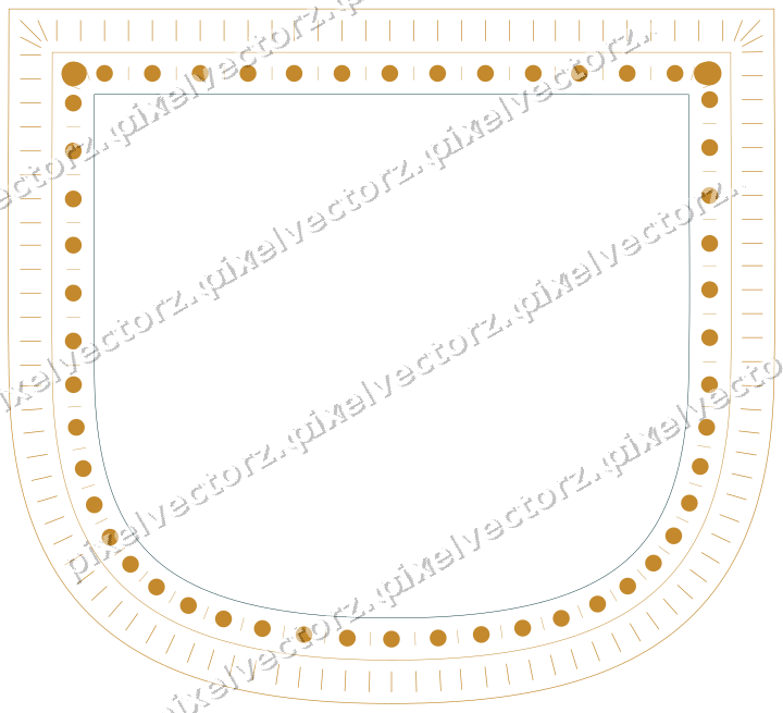 Decorative line art frame in amber and dark teal with shield