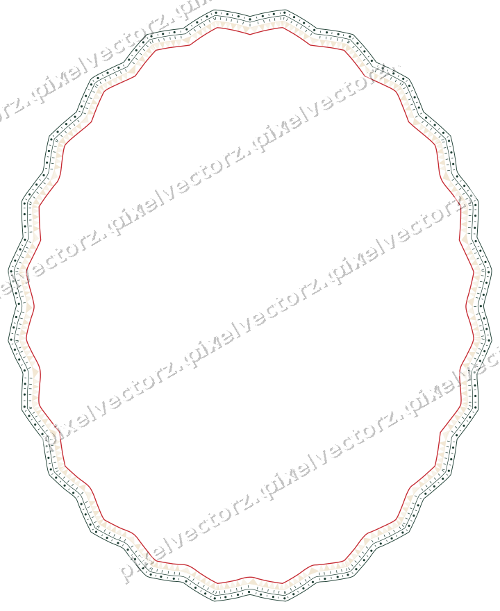 Decorative line art frame in dark green and red with oval