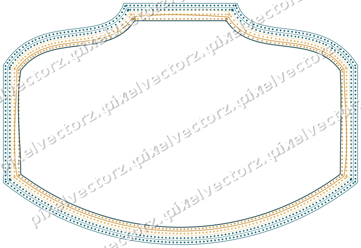 Decorative line art frame in amber and dark teal with label plaque