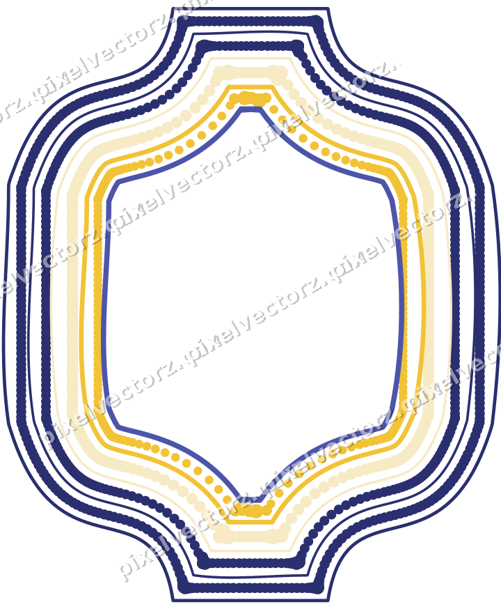 Decorative line art frame in dark blue and amber with label plaque