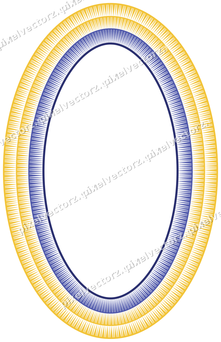 Decorative line art frame in dark blue and amber with oval and dentil