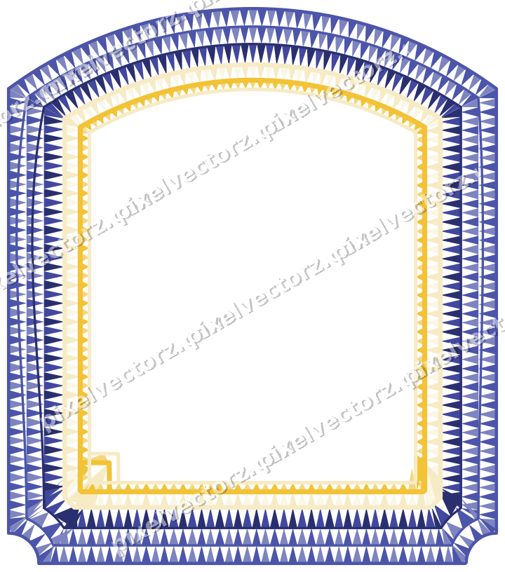 Decorative line art frame in dark blue and amber with label plaque