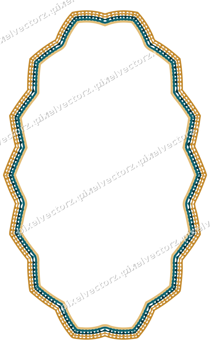 Decorative line art frame in amber and dark teal with oval