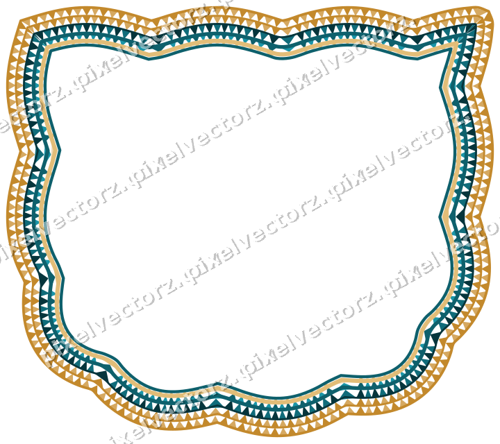 Decorative line art frame in amber and dark teal with shield