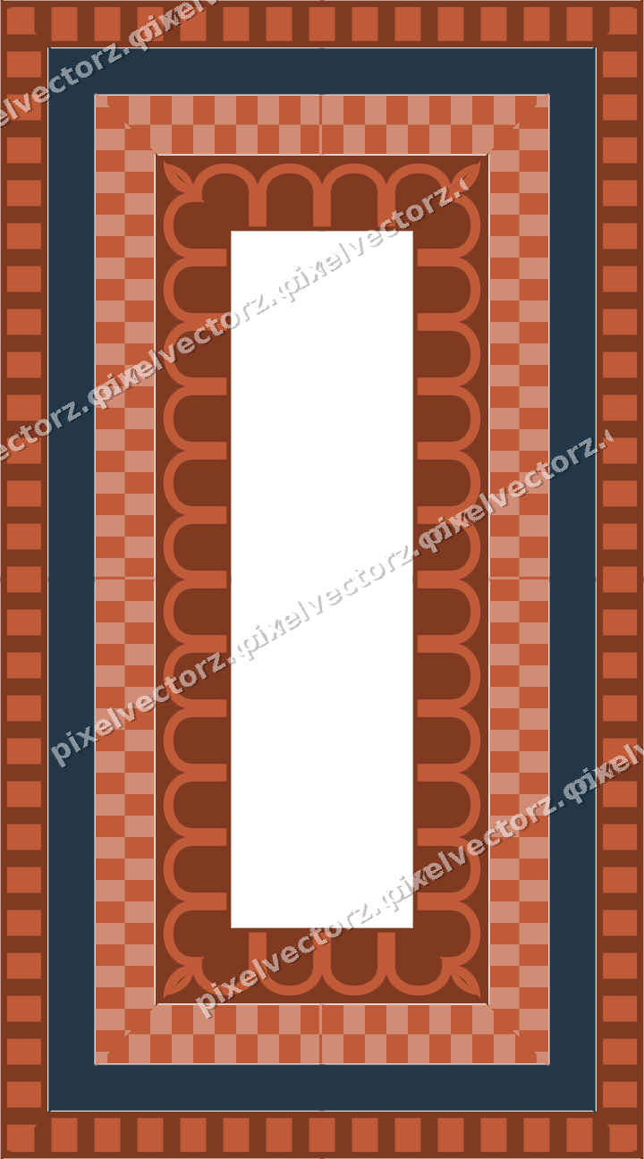 Decorative picture frame border in orange and cyan with dentil