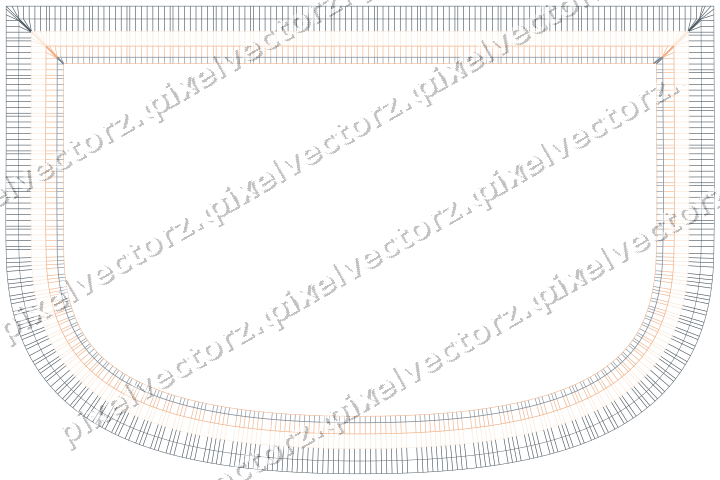 Decorative line art frame in blue and orange with shield and hatching