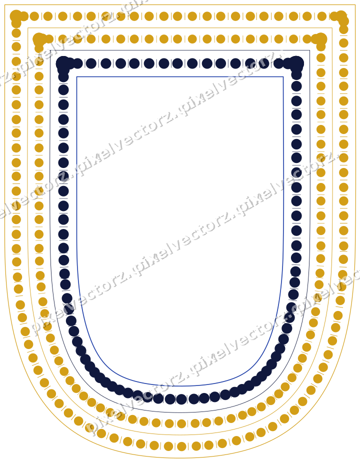 Decorative line art frame in amber and blue with shield
