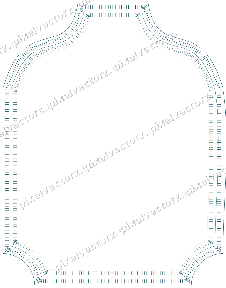 Decorative line art frame in dark teal and orange with label plaque