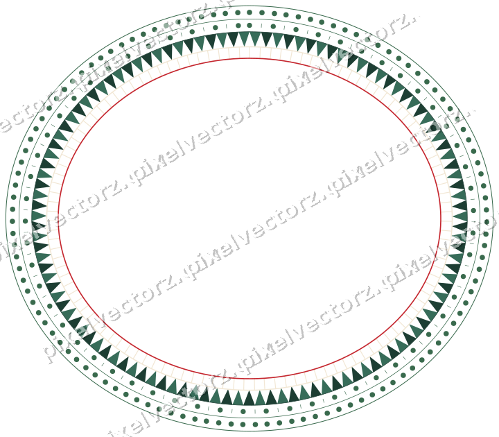 Decorative line art frame in dark green and red with oval