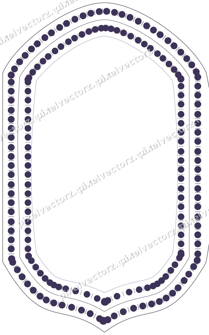 Decorative line art frame in amber and purple with label plaque
