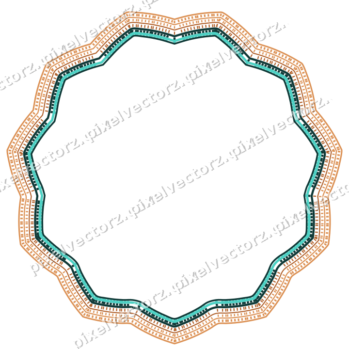 Decorative line art frame in orange and teal with oval and zigzag edge