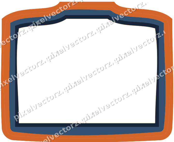 Decorative line art frame in dark blue and orange with label plaque