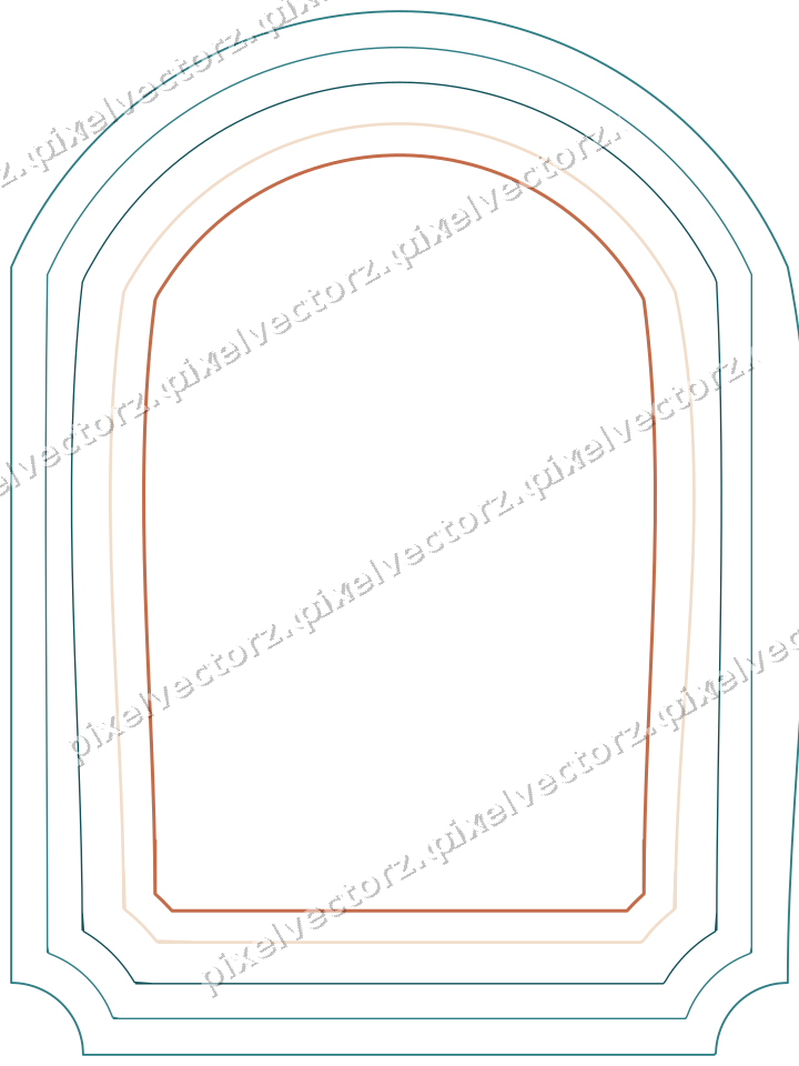 Decorative line art frame in dark teal and orange with label plaque