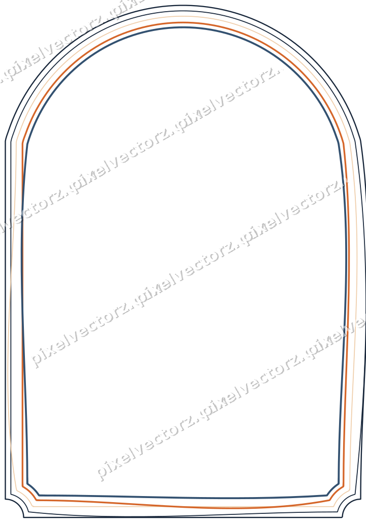 Decorative line art frame in dark blue and orange with label plaque
